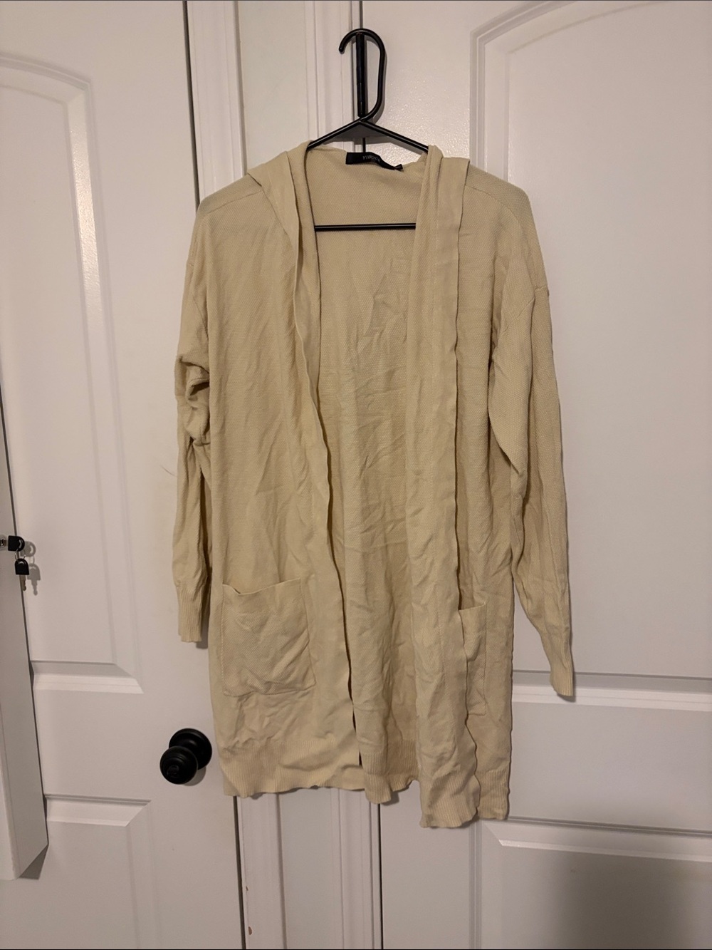 Light Cream Open-Front Hooded Cardigan Sweater